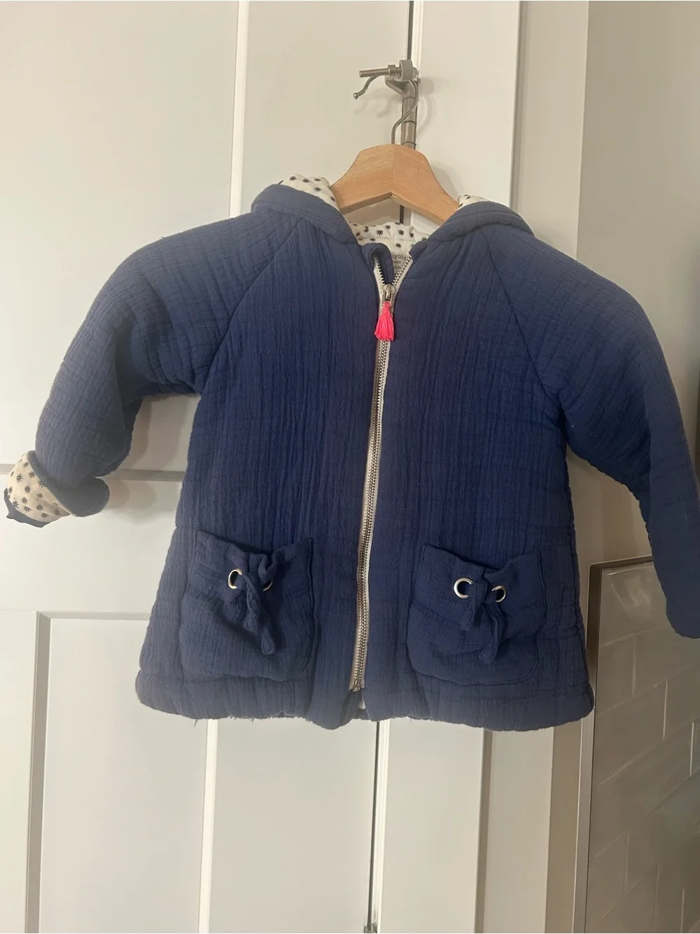 Zara Navy Hooded Quilted Kids Jacket with Pocket Bows